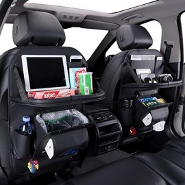 HURESON Upgraded Car Back Seat Organizer with Trash Can Foldable Table Tray Tissue Holder Backseat Car Organizer Kick Mats Back Seat Protector for Kids (trash black 2pcs)