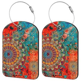 iapodiad 2 Pack Cute Luggage Tag for Suitcases Mandala Art Leather Luggage Tags with Stainless Steel Loop Privacy Flap Name Tags,Men and Women Travel Bag Suitcase Tags