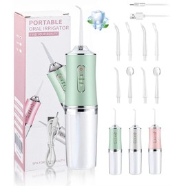 Limpiador de dientes inalámbrico Water Flosser，Irrigador Bucal，IPX7 impermeable240ML, hilo dental de agua de 3 modos con 8 puntas de chorro para el hogar，Hilo Dental de Agua sin Cable para el Hogar, Viajes, Ducha (verde)