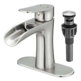 VOTON Waterfall Bathroom Faucet, Brushed Nickel Modern Single Handle Bathroom Faucets for 1 or 3 Hole Bathroom Sink Faucet Mixer Tap Washbasin Faucet with Deck and Pop-up Drain