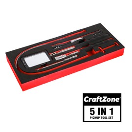 CraftZone Magnetic Pick Up Kit 5pc, With 1lb And 10lb Pick Up Rod, Square 360 Swivel Adjustable Inspection Mirror And Flexible Led Flashlight, Magnetic And Telescopic