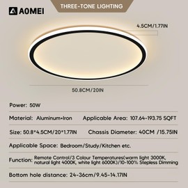 Modern Full Spectrum LED Flush Mount Ceiling Light,Ultra-Thin Acrylic Square LED Light with Remote 50W 3000-6000K Brightness Adjustable Low Profile Light Fixture for Living Room (Round, 20 Inch)