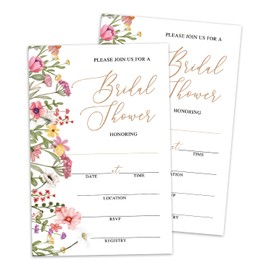 Set of 25 Bridal Shower Wildflowers Invitations with Envelopes, Floral Invites for Bridal Shower, Wedding Party Invitations, Fill in Style Invites Cards -002