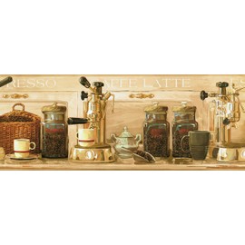 CONCORD WALLCOVERINGS ™ Wallpaper Border Vintage Pattern Coffee Machine Mags Coffe Beans for Kitchen Cottage Farmhouse, Beige Brown, 15 ft by 8.7 in DB3616B