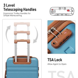 LONG VACATION Luggage Set 3 Piece Set Luggage ABS Carry on Suitcase Hardside Luggage with TSA Lock Spinner Wheels Travel Bag(Blue, 20 INCH)