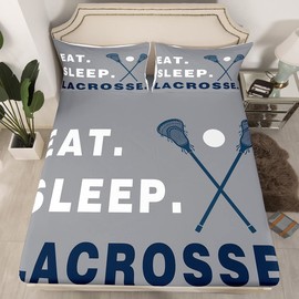Lacrosse Bed Sheet Set Boys Gilrs Ball Sports Theme Fitted Sheet Deep Pocket Twin Size for Kids Adults Ultra Soft Lacrosse Player Games Bedding Set Gray Bed Cover Room Decor Bed Set
