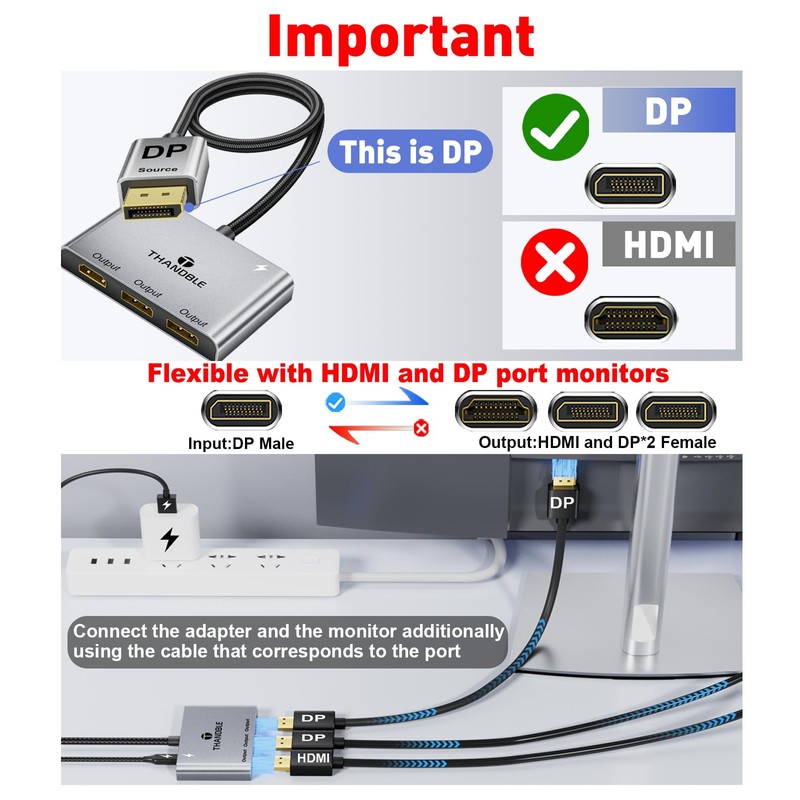 THANDBLE DisplayPort to Dual DisplayPort with HDMI Adapter 4K@60Hz, Extended