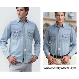 BOCOMAL Men's Work Shirts Vintage Washed Lightweight Soft Denim Pearl Snap Down-Relax Fit (Non FR)