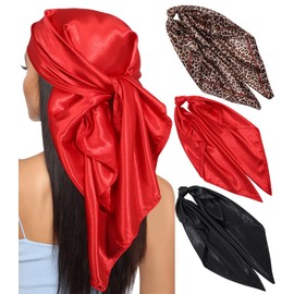 Kajeer Pack of 3 Headscarf Silk Scarf for Women - 90 x 90 cm Large Square Elegant Scarves Scarf for Women Satin Bandana Girls Headscarf Hair Accessories, Plain (Black/Red/Leopard)
