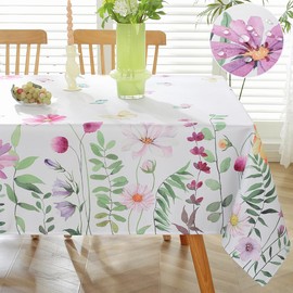 Spring Summer Tablecloth Rectangle 60 x 84 Inch Waterproof Stain Resistant Watercolor Wild Flower Eucalyptus Leaves Floral Table Cloth, Fabric Table Cover for Dining/Party/Picnic/Indoor/Outdoor, Green