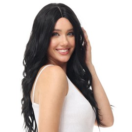 Luxiremi Wig Black Long Hair Wigs Synthetic 65 cm Adjustable Middle Part Lace Front Curly Wavy Wigs for Women