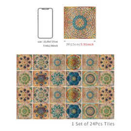 24 Pcs Mandala Style Tile Stickers, Peel and Stick Backsplash Tile Decals for Kitchen Bathroom Wall Furniture (Yellow, 6x6in)