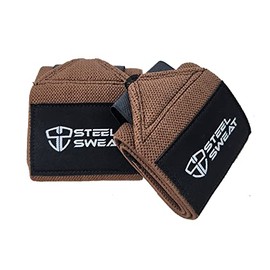 Steel Sweat - Lifting Wrist Wraps for Weightlifting, Bodybuilding, Powerlifting, Strength Training, & Deadlifts - Padded Neoprene with 18 inch Cotton (Brown, Medium)