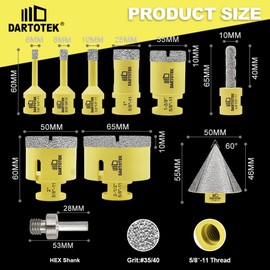 Diamond Core Drill Bits Set 10PCS - DARTOTEK Tile Hole Saw Kit (6/8/10/25/35/50/65mm/10mm/2/HEX for Porcelain, Ceramic Tile, Granite, Marble, Masonry