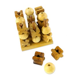 NOVICA 275090 Light Brown Hand Made Rain Tree Wood Tic Tac Toe Game, '3D'