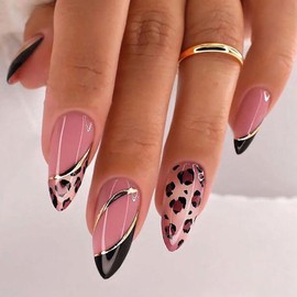 Almond Press on Nails Medium Length Fake Nails Full Cover Pink False Nails with Leopard Print Designs Glossy Black Nail Tips Acrylic Nails Fall Press on Nails for Women Girls Autumn Winter Nail Art