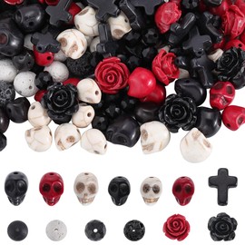 SUNNYCLUE 203Pcs Halloween Skull Beads Skeleton Charms Bulk Natural Lava Rock Synthetic Turquoise Black Stone Cross Flower Rose Spacer Beads for jewellery Making Bracelets Necklaces DIY Crafts