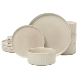 Gibson Elite Solana Coast 12 Piece Stoneware Reactive Glaze (Service for 4) Ceramic Plates and Bowls Modern Shape Embossed Dinnerware Set - Cream White