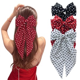 YAVRIX Pack of 3 Hair Bows Girls Women Large Satin Hair Bow with Long Band Retro Polka Dots Hair Clip Bow, Vintage Hair Accessories Set in Black Red White