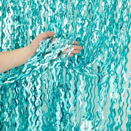 KEEUH 4 Pack 3.3 ft x 6.6 ft Wavy Sparkle Aqua Teal Blue Foil Curtain - Water Blue Foil Streamers for Holiday Bachelorette Ocean Themed Decor Winter Party Decorations Supplies