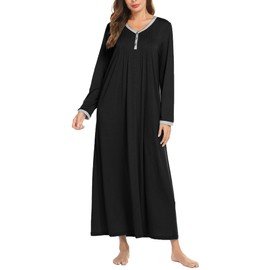 Ekouaer Womens Cotton Knit Long Sleeve Nightgown for Women Henley Full Length Sleep Dress Black
