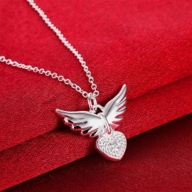 Handmade 925 sterling SILVER 18" NECKLACE PENDANT WING HEART AUSTRIAN CRYSTAL