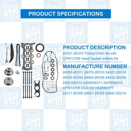 Wahparts 24321-2E010 Timing Chain Kit With Head Gasket And Bolts Compatible With 2014-2016 Hyundai Elantra Tucson 2017-2018 Kia Forte Forte5 2.0L CPW13795