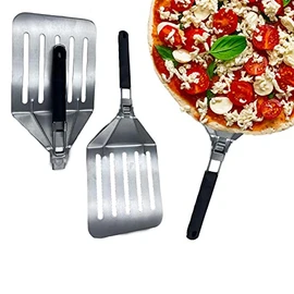Vintage Gourmet® Premium Stainless Steel Professional Perforated Pizza Peel Paddle with folding heatproof handle 8 X 9 inch Folds neatly and compact to put away Ideal for Table top Outdoor Pizza Ovens