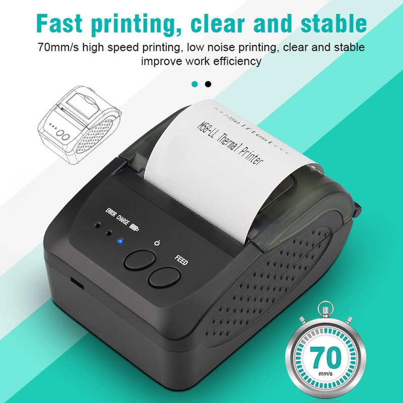 Portable Receipt Printer 58mm Bluetooth 4.0 Fast Printing Low Noise