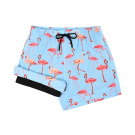 MADHERO Mens Swim Trunks with Compression Liner 2 in 1 Quick Dry Swimming Shorts Swimwear Light Blue Flamingo Size L
