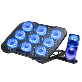 TECKNET Almohadilla de refrigeración para laptop con soporte para teléfono, 9 ventiladores silenciosos con luces LED, 5 altura ajustable y 2 puertos U
