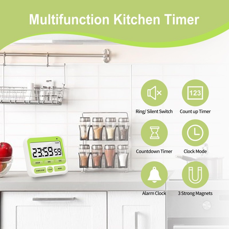 Fyueenix Multifunctional Kitchen Timer with Silent/Alert Mode, 24-Hour Clock, Memory