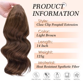 HSLHDI Claw Clip Ponytail Extension,14 Inch Light Brown Curly Wavy Ponytail Claw Clip in Hair Extension for Women Fluffy Natural Looking Synthetic Hairpiece for Daily Use(14 Inch,Light Brown)