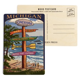 Onekama, Michigan, Sign Post (4x6 Birch Wood Postcards, 2-Pack Stationary, Rustic Home Wall Decor)