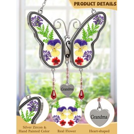 KUNDGLA Butterfly Suncatcher Grandma Stained Glass Sun Catcher for Windows Hangings Ornament with Pressed Real Flower Wings in Glass and Metal Heart Charm Birthday Gift for Women Mothers Day Christmas