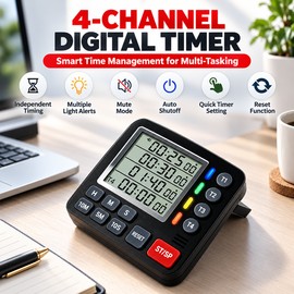 4-Channel Digital Kitchen Timer for Cooking & Study – LCD Display with Silent Flash Alert, Magnetic Back and Stand for Multitasking
