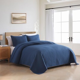 Wistown Cotton King Quilt Bedding Sets, 3 Pieces Reversible Lightweight Coverlets Comforters Bedspreads for All Seasons, Geometric Stitching Pattern, Navy Blue
