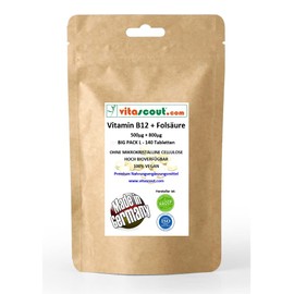 Vitamin B12 II 140 Tablets 500μg + Folic Acid 800μg mcg. Methylcobalamin B12 + Folic Acid Acid Active/Vit B9-100% Vegan - No Microcrystalline Cellulose - Made in Germany