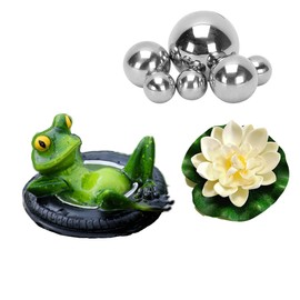 Super Idee Mini pond decoration set swimming frog with 6 silver balls and 2 pieces lotus flower for mini pond, patio pond, zinc tubs, solar fountain, garden, balcony, ponds decoration (frog on tyre)