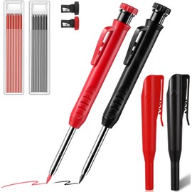 2 Pack Carpenter Pencil Mechanical Pencil Set Built-in Sharpener Carpentry Automatic Pencils with 12 Refills Deep Hole Marker for Architect Carpenter Woodworking Construction Red and Black - With Case