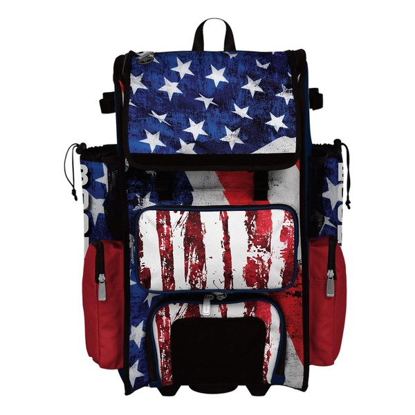 Boombah Superpack Hybrid Rolling Bat Bag - USA Stars & Stripes Navy/Red/White - Wheeled & Backpack Version