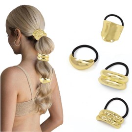 4PCS Metal Hair Ties, Gold Hair Ties Cuffs for Thick Hair Ponytails, Metal Ponytail Cuff Hair Elastic Accessories for Women (Gold-1)