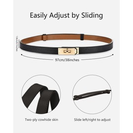 Women's Skinny Leather Belt with Adjustable Golden Turn-Lock Buckle - Ideal for Dresses, Jeans, and Coats, Black