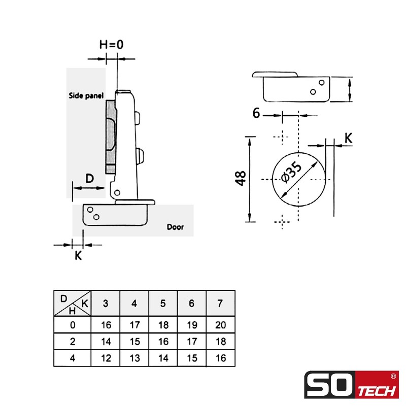 SOTECH Soft Close Pot Hinges 110° Corner Stop T48 with