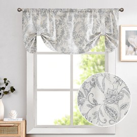 Lazzzy Kitchen Tie Up Valance Curtain - Linen Floral Farmhouse for Living Room, Bathroom, Bedroom - Country Window Treatments, Small Cafe Curtain, 18 Inch Rod Pocket, 1 Panel, Grey on Beige