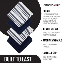 Frigidaire Claire 100% Cotton Dish Clothes,12" x 12", Solid and Stripe Print, Machine Washable, Denim,4-Pack