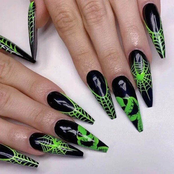 Ztcily Künstliche Nägel, Halloween, lang, schwarz und grün, künstliche Nägel