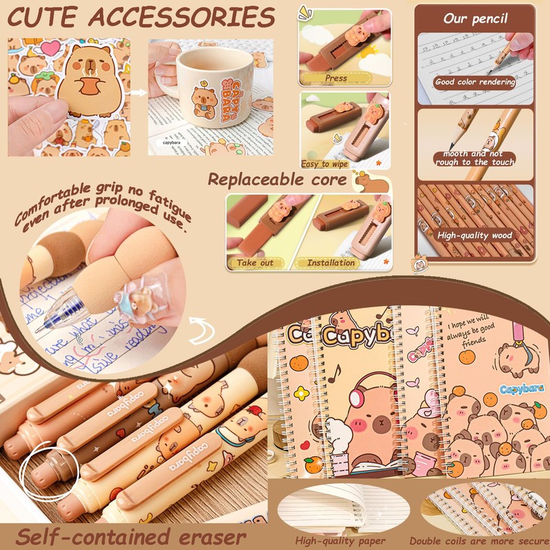 Cute Capybara Stationery Set - Large Pencil Case, 4 A5