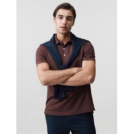 Hudson Wellesley BCI Cotton Blend Pique Polo Shirts for Men Short Sleeve Tops Comfort Split Hem with 3-Color Tape Rum Raisin Size L