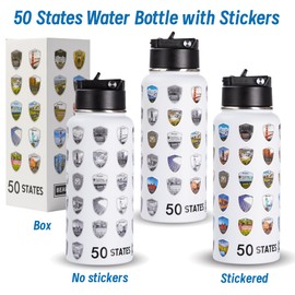 Beautsque 50 States Water Bottle with Stickers, National Parks Water Bottle, Stainless Steel Insulated Bottles with Straw,3D Printed,32 oz,Double Stickers, Gifts for Men,White